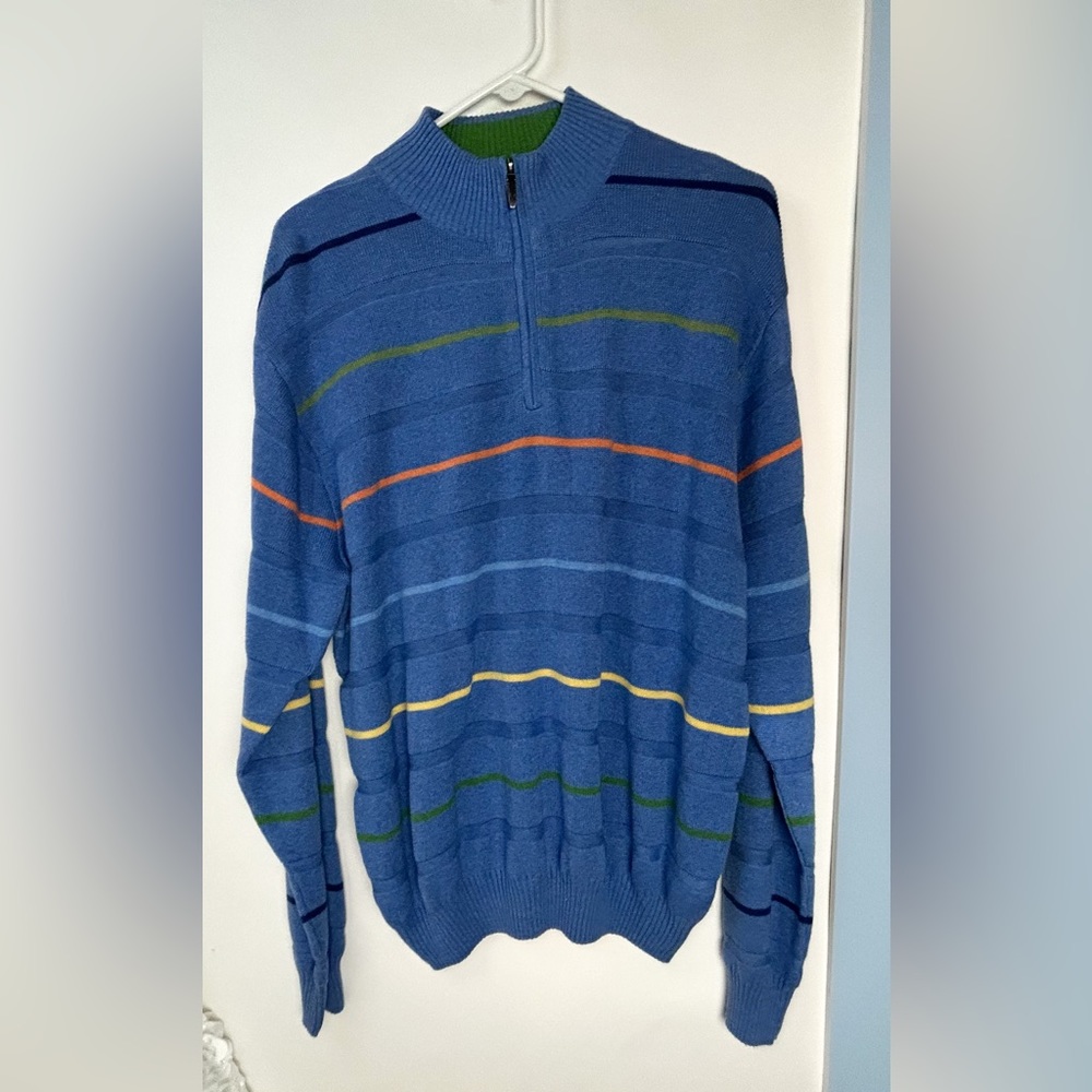 Alex Cannon Blue Stripe Zip Crewneck Sweater Men's Large‎